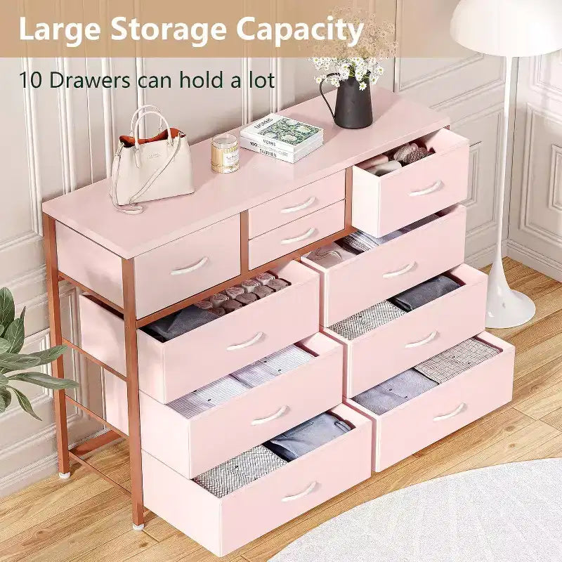 Cassettiera in tessuto a 10 cassetti per camera da letto, piano in legno, struttura in acciaio, comò moderno, cassettiera leggera con contenitori in tessuto per soggiorno, corridoio