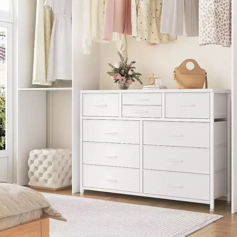 Cassettiera in tessuto a 10 cassetti per camera da letto, piano in legno, struttura in acciaio, comò moderno, cassettiera leggera con contenitori in tessuto per soggiorno, corridoio
