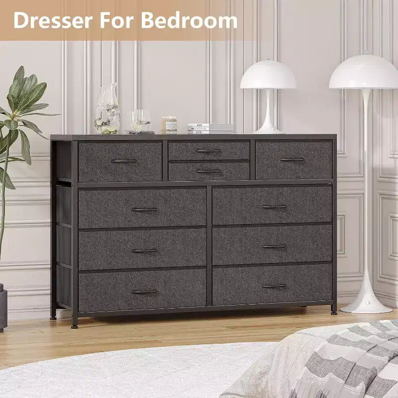 Cassettiera in tessuto a 10 cassetti per camera da letto, piano in legno, struttura in acciaio, comò moderno, cassettiera leggera con contenitori in tessuto per soggiorno, corridoio