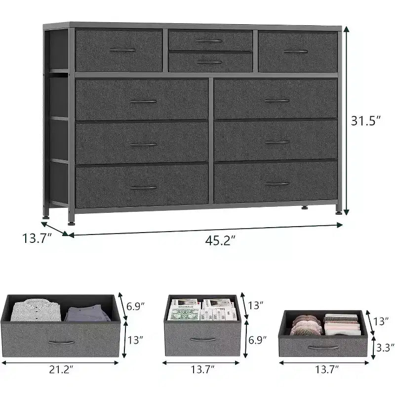Cassettiera in tessuto a 10 cassetti per camera da letto, piano in legno, struttura in acciaio, comò moderno, cassettiera leggera con contenitori in tessuto per soggiorno, corridoio
