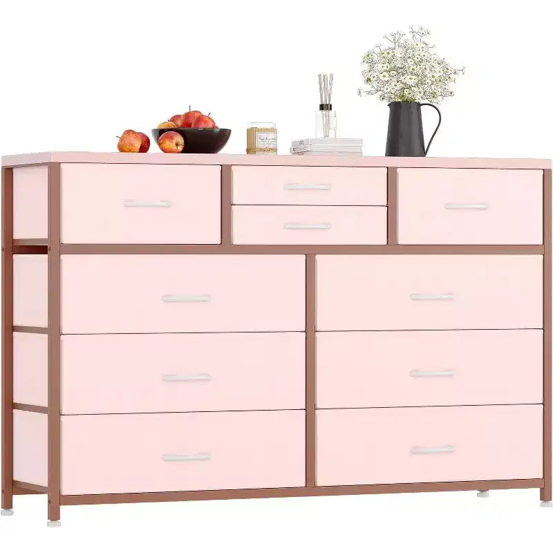 Cassettiera in tessuto a 10 cassetti per camera da letto, piano in legno, struttura in acciaio, comò moderno, cassettiera leggera con contenitori in tessuto per soggiorno, corridoio
