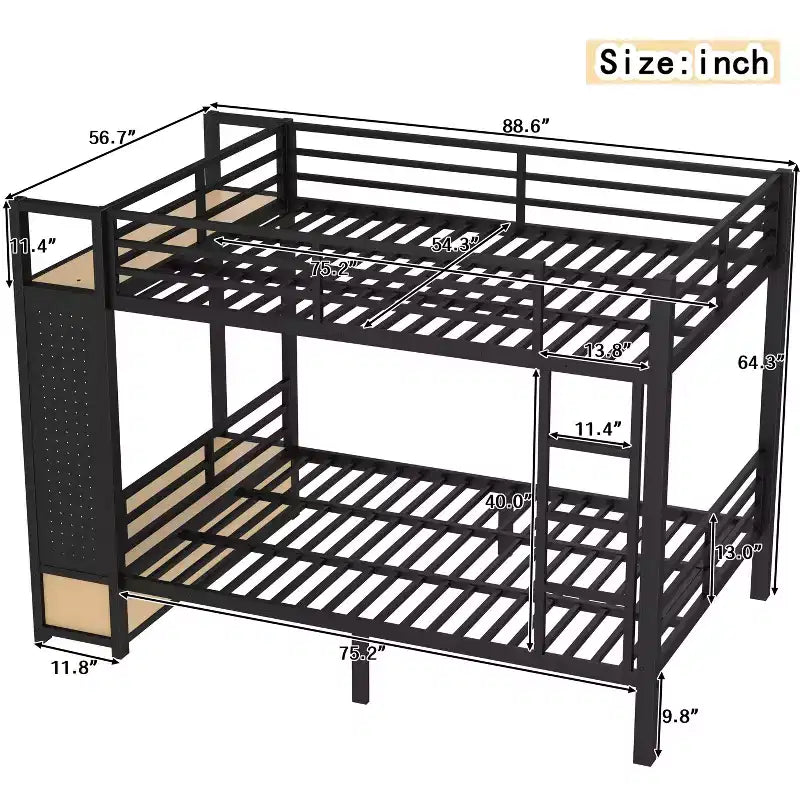 Letto a castello in metallo Queen over Queen size per ragazzi con ripiani portaoggetti, cassetti e pannello forato, nero