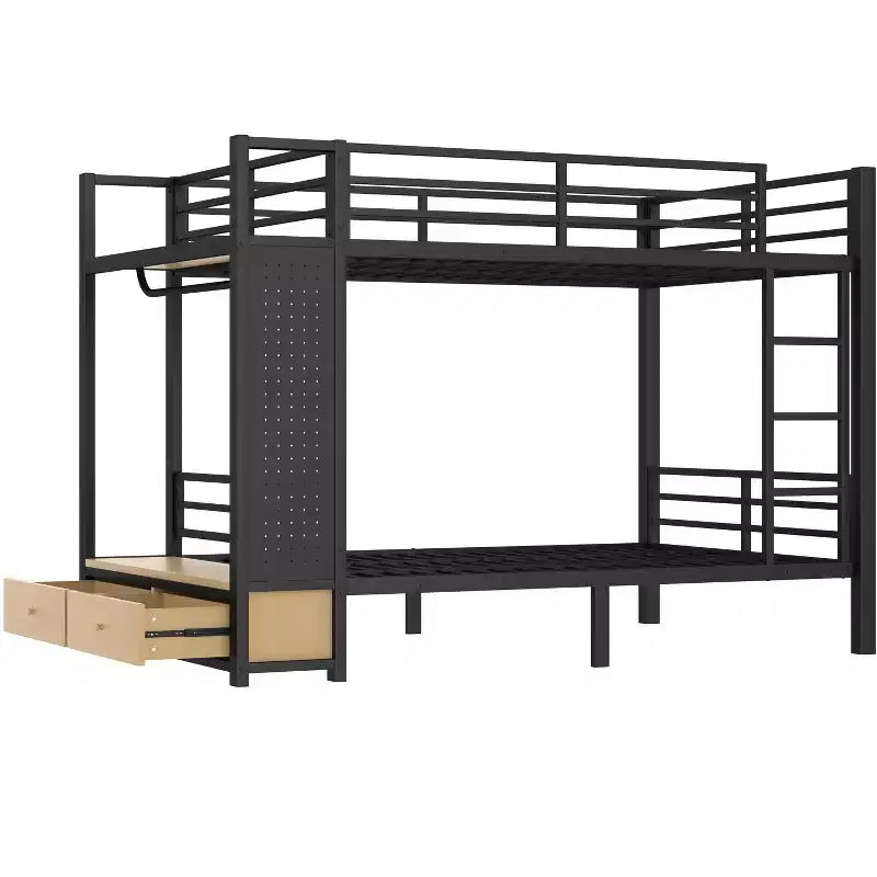 Letto a castello in metallo Queen over Queen size per ragazzi con ripiani portaoggetti, cassetti e pannello forato, nero