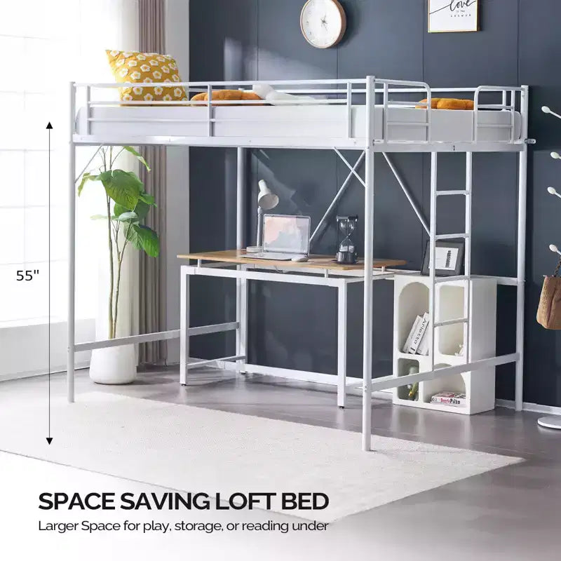 Letto a soppalco Full Metal per bambini, con scala a pioli piatta, nessuna molla richiesta, bianco