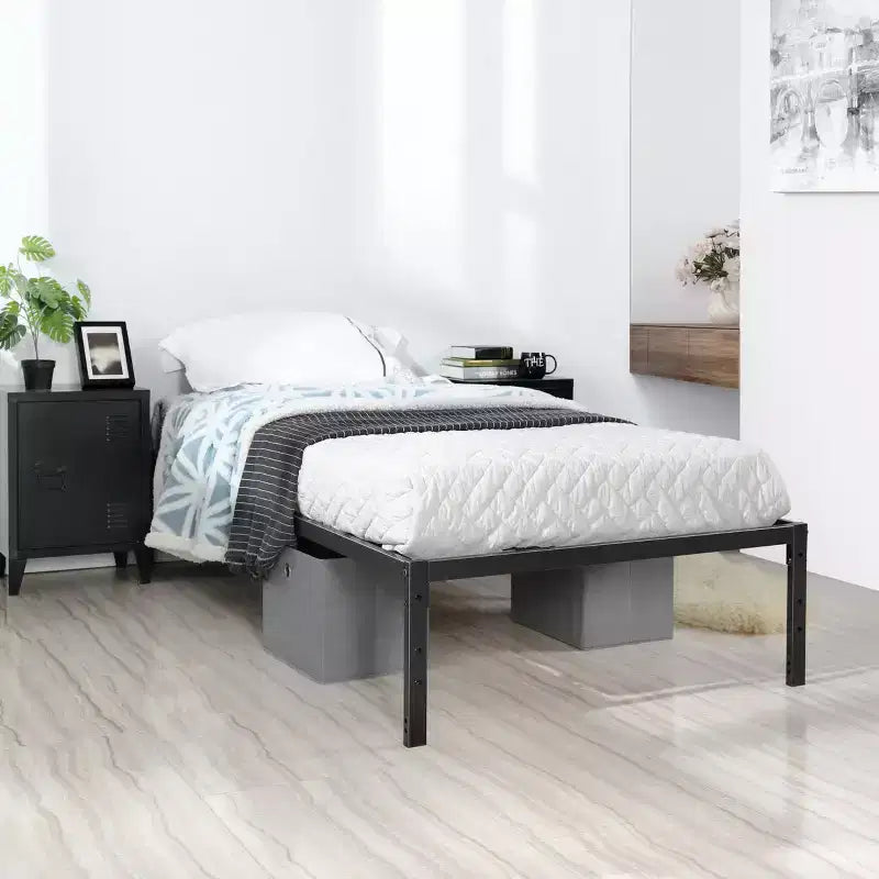 Struttura letto matrimoniale in metallo con doghe in metallo, base materasso a piattaforma resistente con contenitore sotto il letto, supporto antiscivolo, nero
