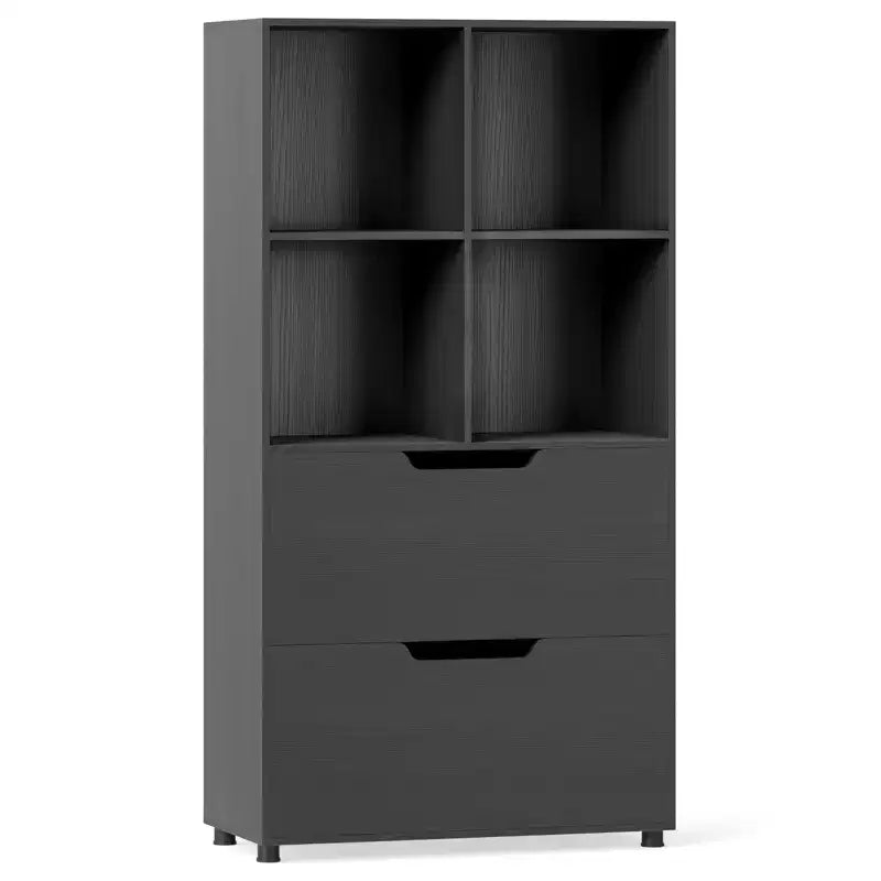 Libreria a 5 livelli con 4 scomparti aperti e 2 cassetti, nero/grigio/naturale, per adulti
