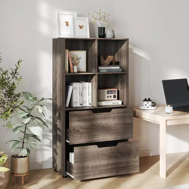 Libreria a 5 livelli con 4 scomparti aperti e 2 cassetti, nero/grigio/naturale, per adulti