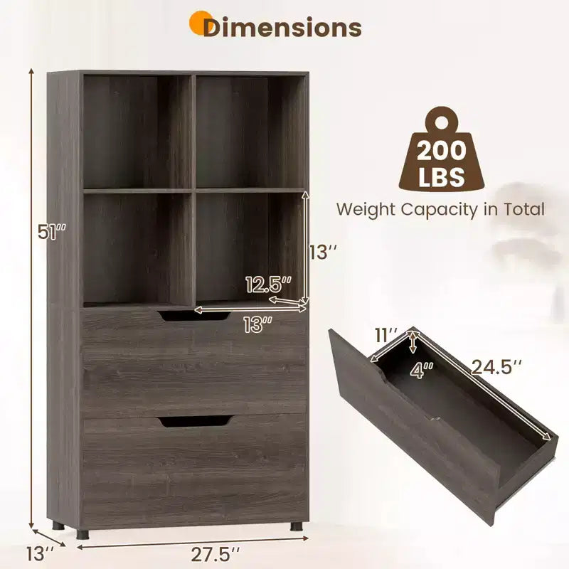 Libreria a 5 livelli con 4 scomparti aperti e 2 cassetti, nero/grigio/naturale, per adulti