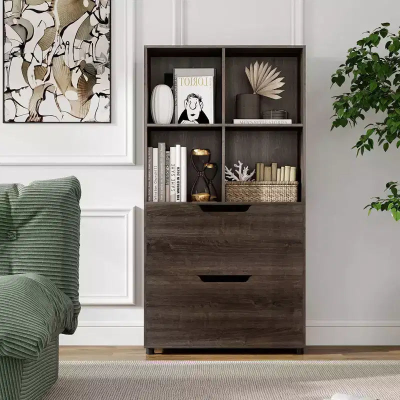 Libreria a 5 livelli con 4 scomparti aperti e 2 cassetti, nero/grigio/naturale, per adulti