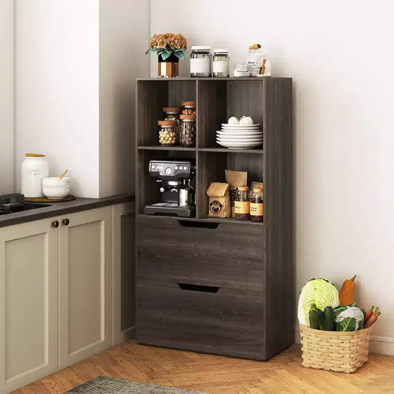 Libreria a 5 livelli con 4 scomparti aperti e 2 cassetti, nero/grigio/naturale, per adulti