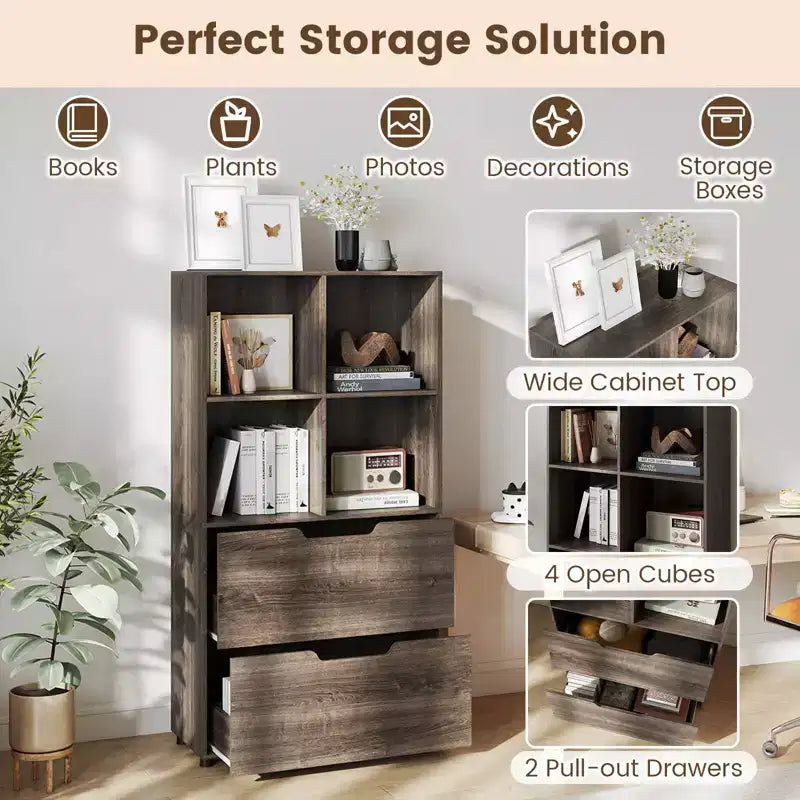 Libreria a 5 livelli con 4 scomparti aperti e 2 cassetti, nero/grigio/naturale, per adulti