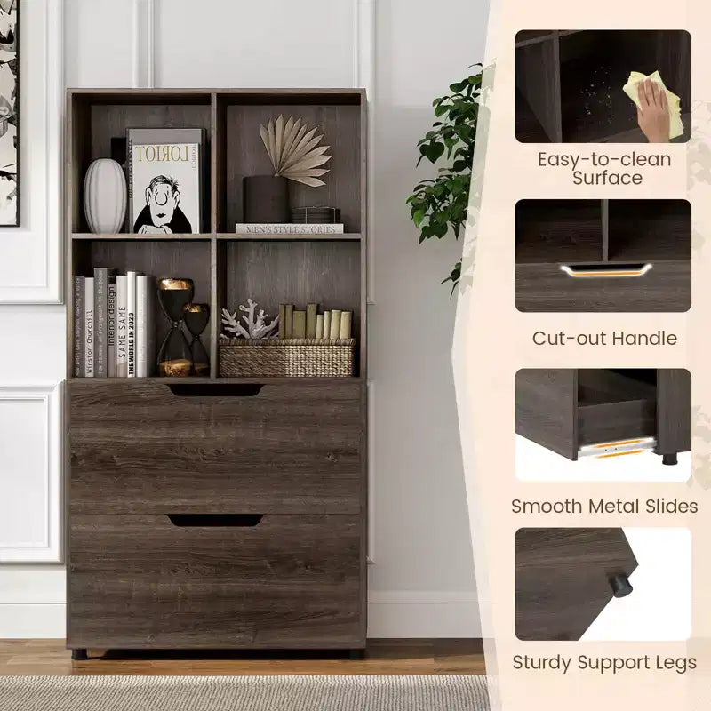 Libreria a 5 livelli con 4 scomparti aperti e 2 cassetti, nero/grigio/naturale, per adulti
