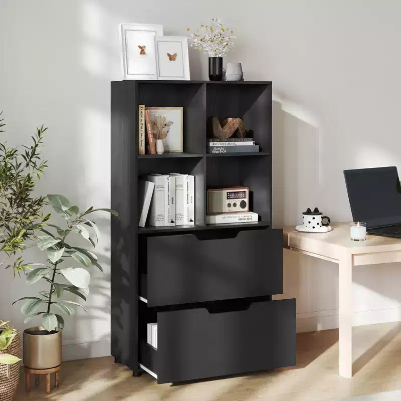 5-Tier Bookcase with 4 Open Cubes and 2 Drawers, Black/Gray/Natural, for Adults