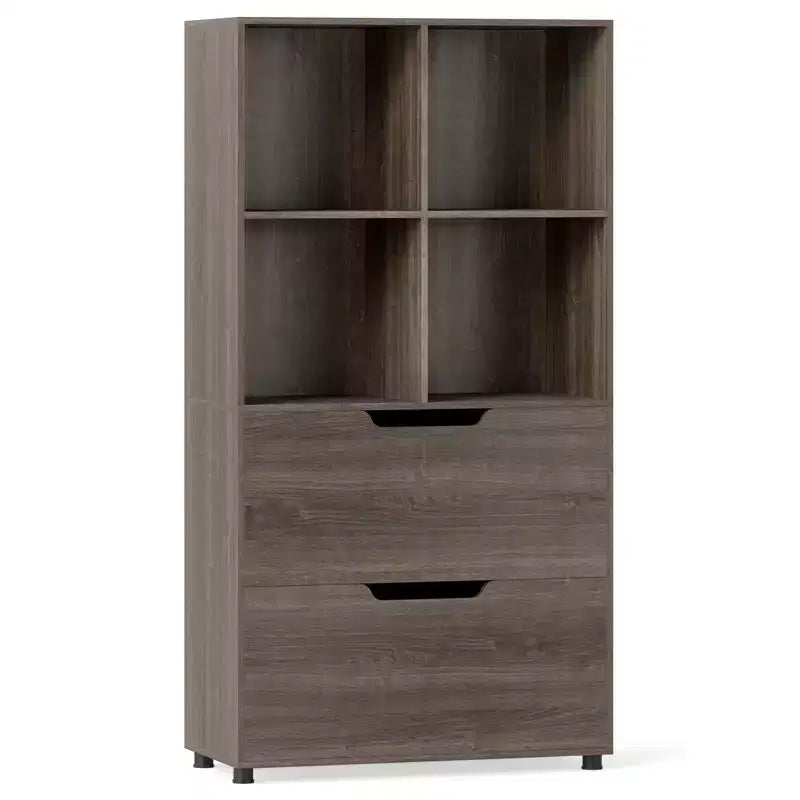 Libreria a 5 livelli con 4 scomparti aperti e 2 cassetti, nero/grigio/naturale, per adulti