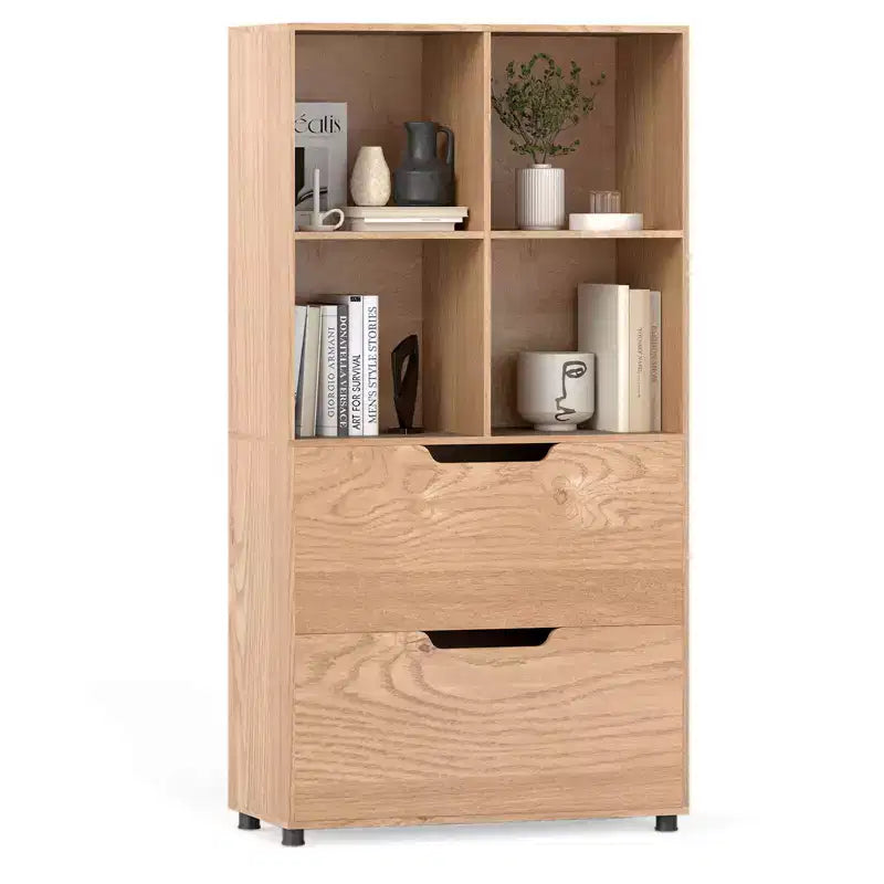 Libreria a 5 livelli con 4 scomparti aperti e 2 cassetti, nero/grigio/naturale, per adulti