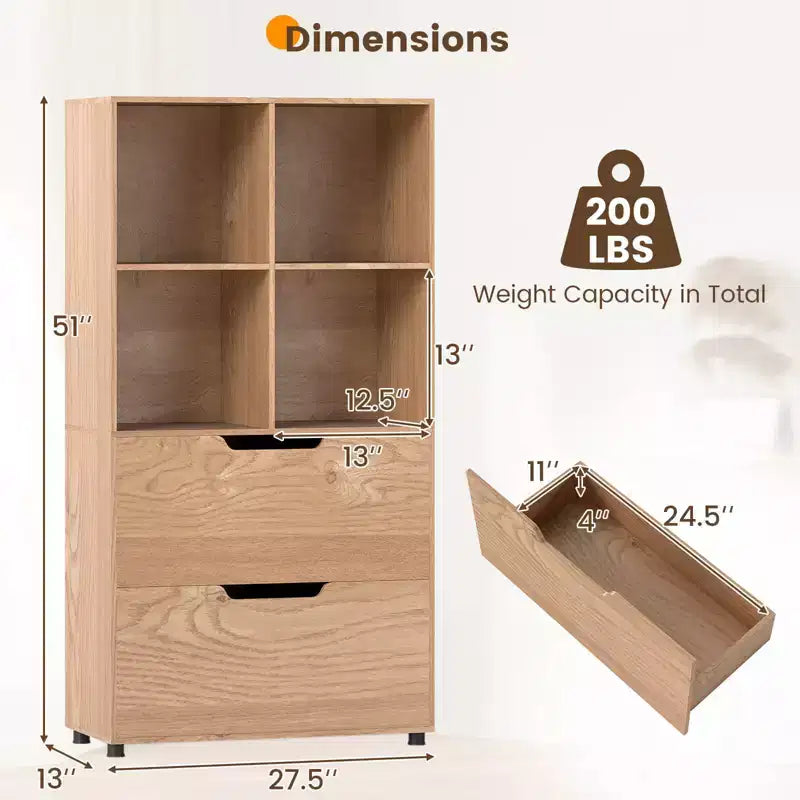 Libreria a 5 livelli con 4 scomparti aperti e 2 cassetti, nero/grigio/naturale, per adulti