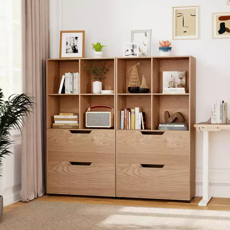 Libreria a 5 livelli con 4 scomparti aperti e 2 cassetti, nero/grigio/naturale, per adulti