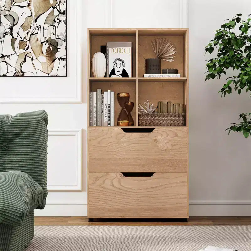 Libreria a 5 livelli con 4 scomparti aperti e 2 cassetti, nero/grigio/naturale, per adulti