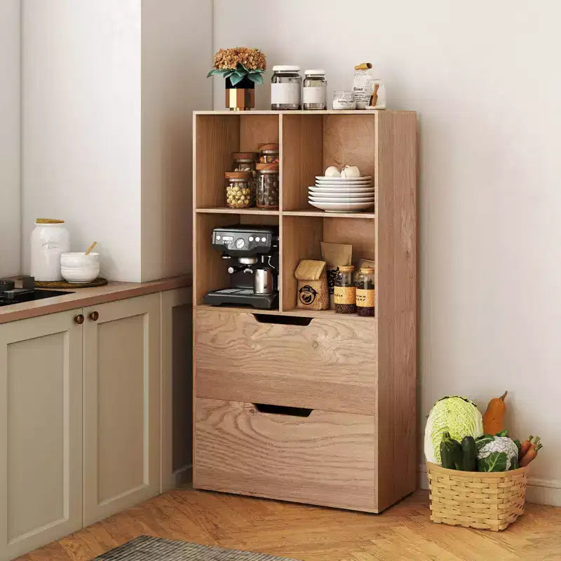 Libreria a 5 livelli con 4 scomparti aperti e 2 cassetti, nero/grigio/naturale, per adulti