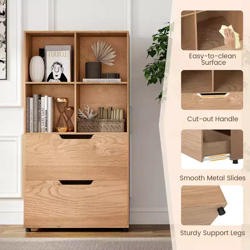 Libreria a 5 livelli con 4 scomparti aperti e 2 cassetti, nero/grigio/naturale, per adulti