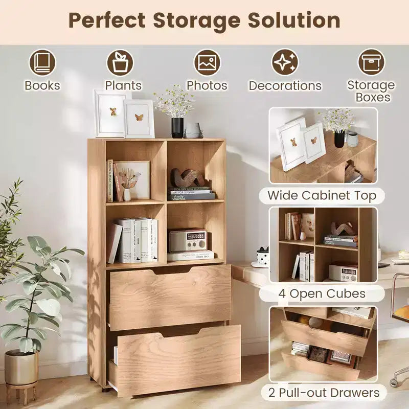 Libreria a 5 livelli con 4 scomparti aperti e 2 cassetti, nero/grigio/naturale, per adulti