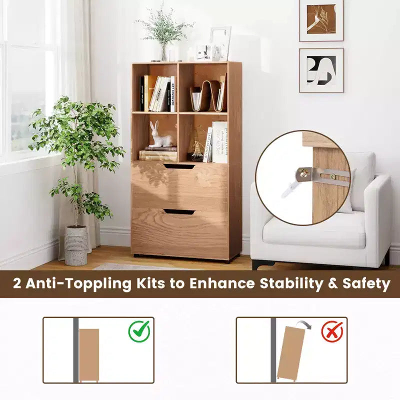 Libreria a 5 livelli con 4 scomparti aperti e 2 cassetti, nero/grigio/naturale, per adulti