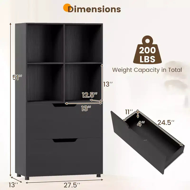 5-Tier Bookcase with 4 Open Cubes and 2 Drawers, Black/Gray/Natural, for Adults