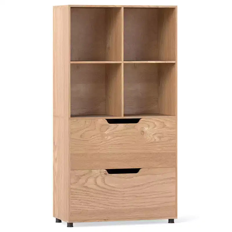 Libreria a 5 livelli con 4 scomparti aperti e 2 cassetti, nero/grigio/naturale, per adulti