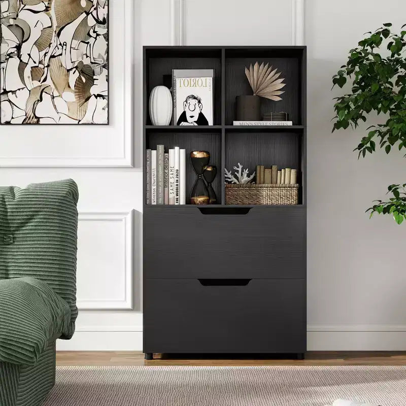5-Tier Bookcase with 4 Open Cubes and 2 Drawers, Black/Gray/Natural, for Adults