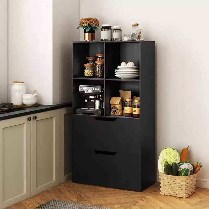 5-Tier Bookcase with 4 Open Cubes and 2 Drawers, Black/Gray/Natural, for Adults