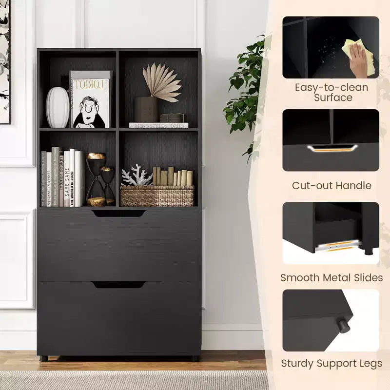 Libreria a 5 livelli con 4 scomparti aperti e 2 cassetti, nero/grigio/naturale, per adulti