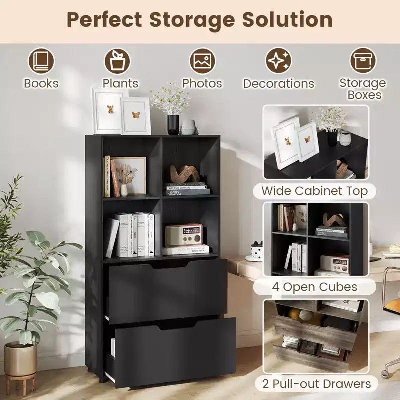 Libreria a 5 livelli con 4 scomparti aperti e 2 cassetti, nero/grigio/naturale, per adulti