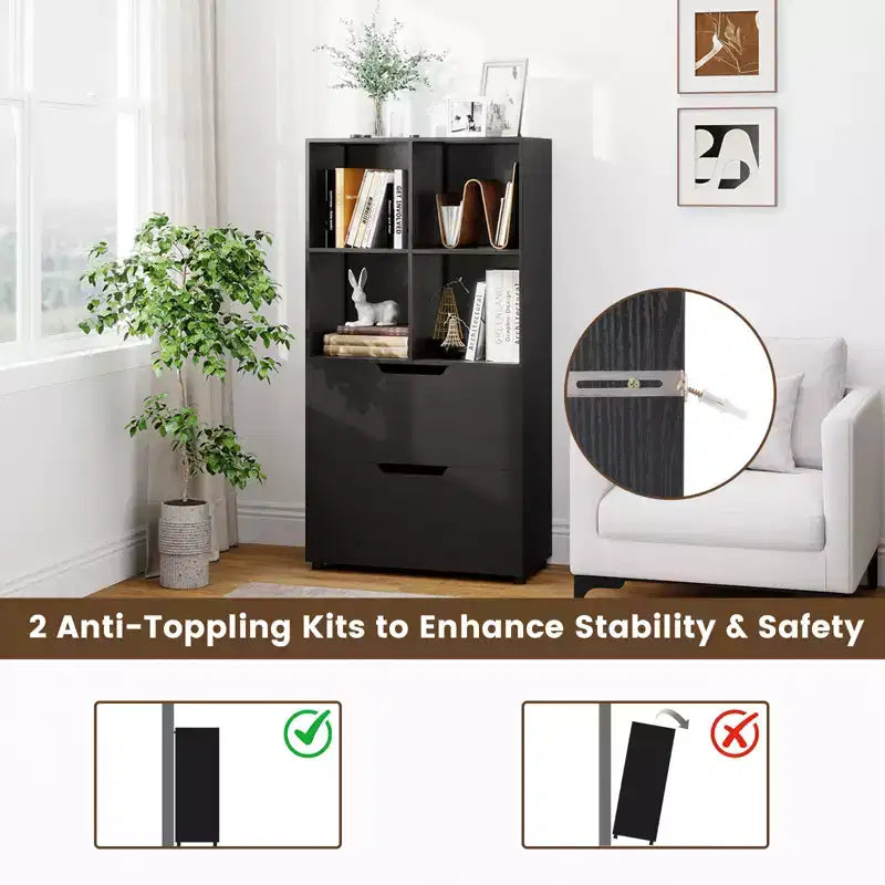 Libreria a 5 livelli con 4 scomparti aperti e 2 cassetti, nero/grigio/naturale, per adulti