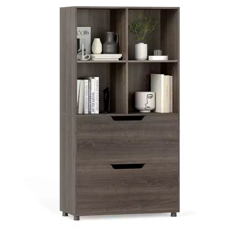5-Tier Bookcase with 4 Open Cubes and 2 Drawers, Black/Gray/Natural, for Adults