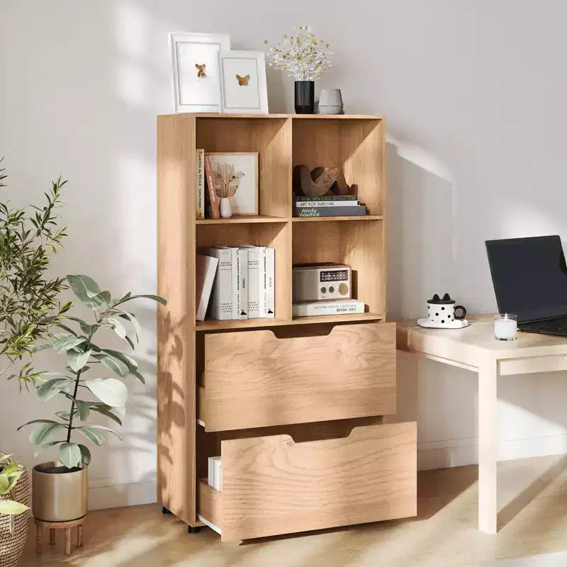 5-Tier Bookcase with 4 Open Cubes and 2 Drawers, Black/Gray/Natural, for Adults
