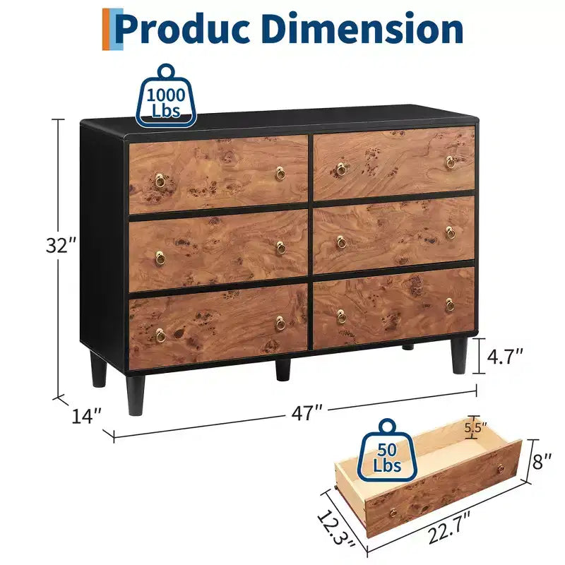 Comò a 7 cassetti, comò moderno largo 54 con maniglia in metallo, comò in legno porta TV, organizer per vestiti in legno per soggiorno