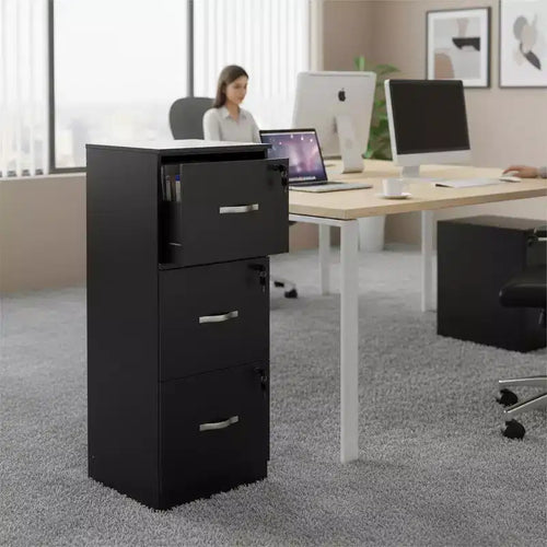 FurnitureR 3 Drawer File Cabinet with Lock, Vertical Office Filing Cabinet for Letter/Legal Size, Storage Organizer, Black