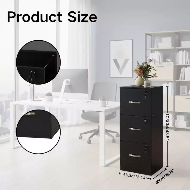 Classificatore a 3 cassetti con serratura, schedario verticale per ufficio per documenti in formato Lettera/Legale, organizer per archivio, nero