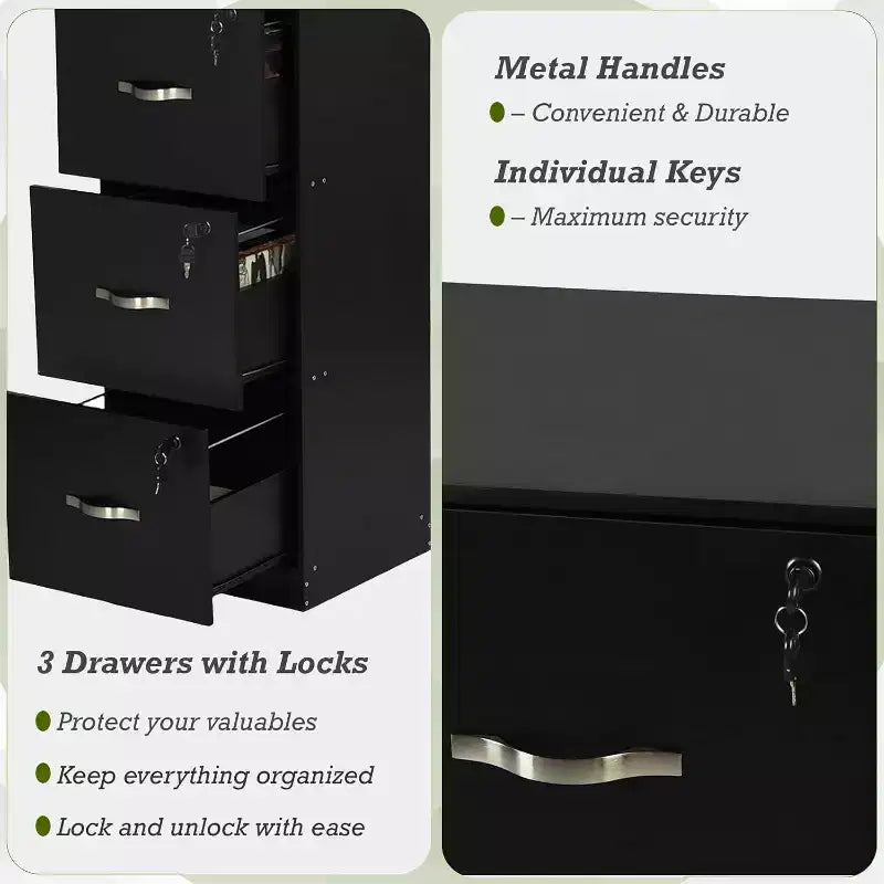 Classificatore a 3 cassetti con serratura, schedario verticale per ufficio per documenti in formato Lettera/Legale, organizer per archivio, nero
