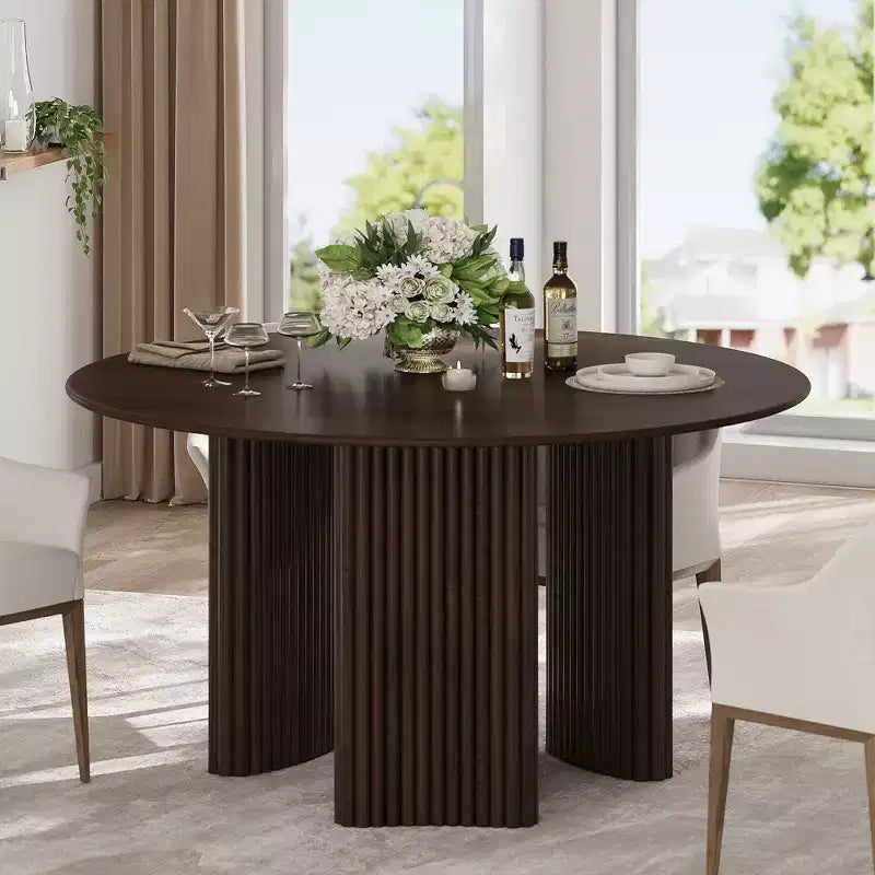 PexFix 52 Modern Round Dining Table with Striped Column Legs Solid Wood Kitchen Table Anti-Scratch Footpads for Dining Room & Kitchen Bar in Walnut