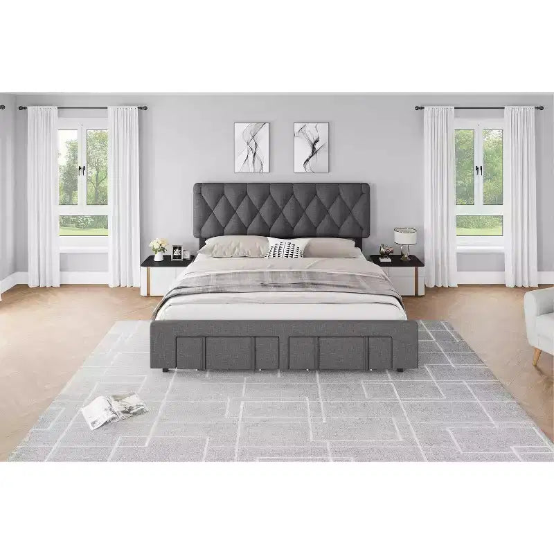 Struttura letto, struttura letto moderna imbottita con testiera trapuntata e cassetti portaoggetti - doghe in legno resistenti, non richiede rete, facile da montare