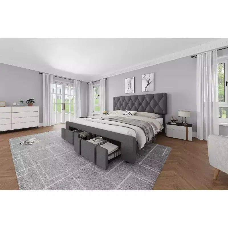Struttura letto, struttura letto moderna imbottita con testiera trapuntata e cassetti portaoggetti - doghe in legno resistenti, non richiede rete, facile da montare