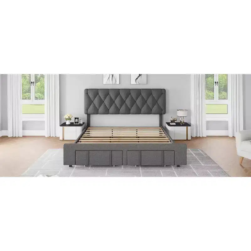 Struttura letto, struttura letto moderna imbottita con testiera trapuntata e cassetti portaoggetti - doghe in legno resistenti, non richiede rete, facile da montare