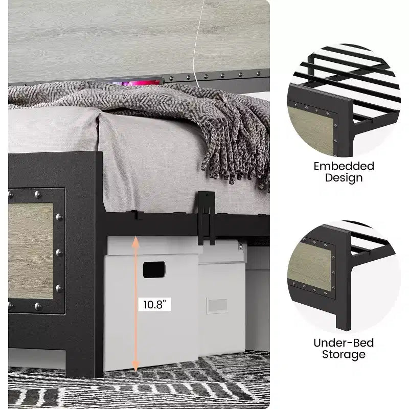 Base letto con elegante testiera di design, vano contenitore sotto il letto, nessun box spring richiesto, facile montaggio, supporto robusto, grigio
