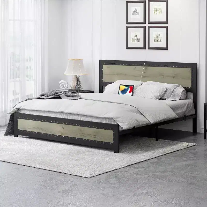 Base letto con elegante testiera di design, vano contenitore sotto il letto, nessun box spring richiesto, facile montaggio, supporto robusto, grigio