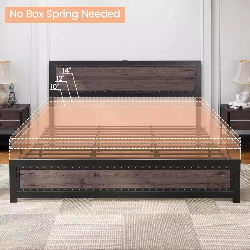 Base letto con elegante testiera di design, vano contenitore sotto il letto, nessun box spring richiesto, facile montaggio, supporto robusto, grigio