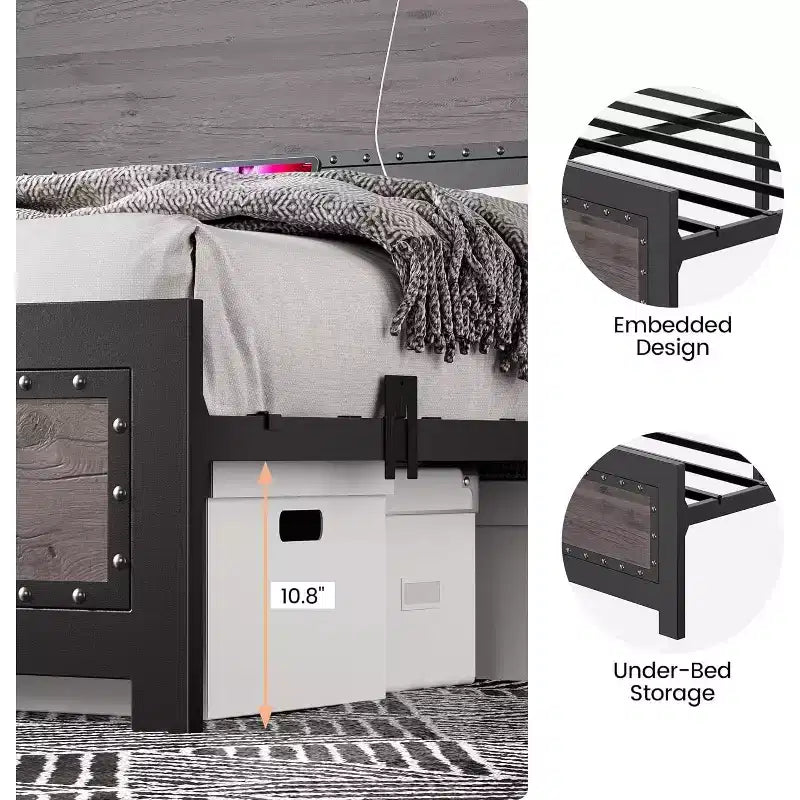 Base letto con elegante testiera di design, vano contenitore sotto il letto, nessun box spring richiesto, facile montaggio, supporto robusto, grigio