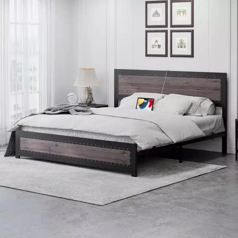 Base letto con elegante testiera di design, vano contenitore sotto il letto, nessun box spring richiesto, facile montaggio, supporto robusto, grigio
