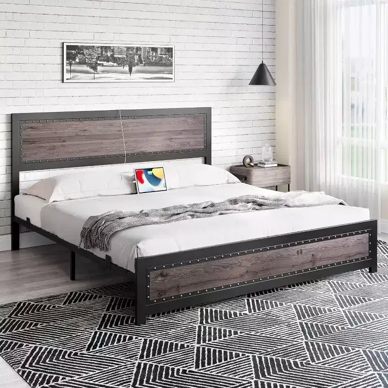 Base letto con elegante testiera di design, vano contenitore sotto il letto, nessun box spring richiesto, facile montaggio, supporto robusto, grigio