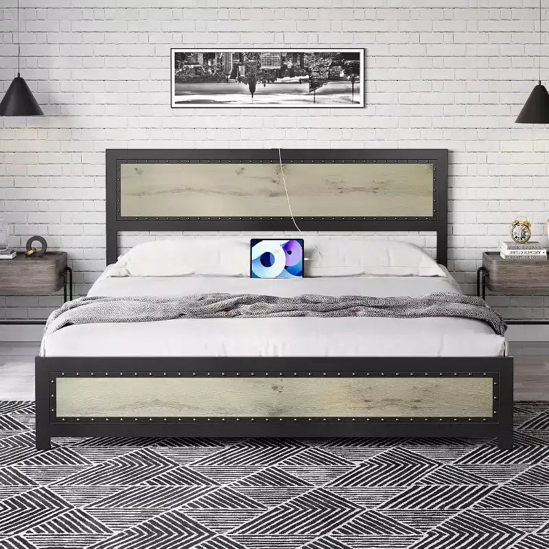 Base letto con elegante testiera di design, vano contenitore sotto il letto, nessun box spring richiesto, facile montaggio, supporto robusto, grigio